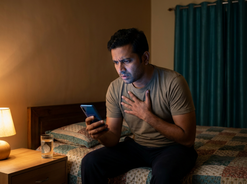 Man anxiously checking his phone at night
