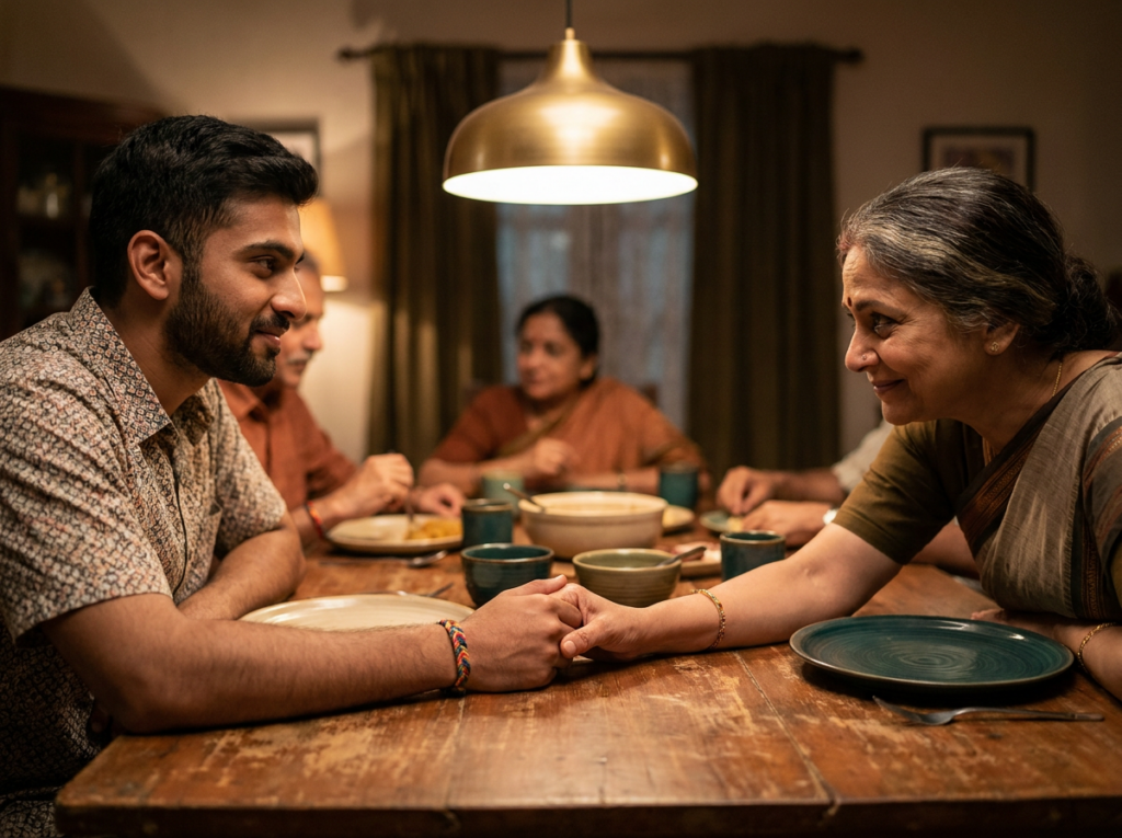 Mother holding her son's hand with acceptance at the dinner table