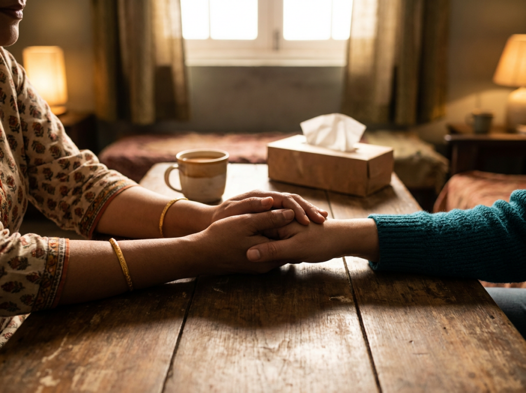 Two women's hands clasped in comfort in a counselling room