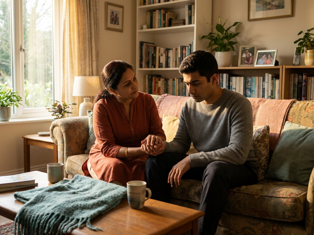 Woman holding her brother's hand and listening with care