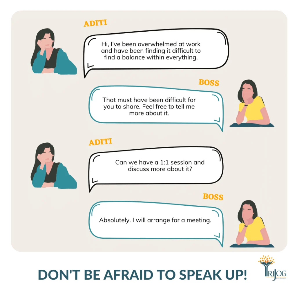 Illustrated chat between an employee and her boss about feeling overwhelmed at work