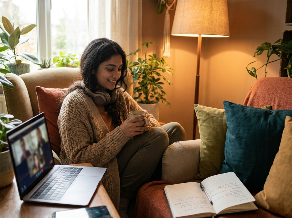 Woman in an online therapy session on her laptop at home