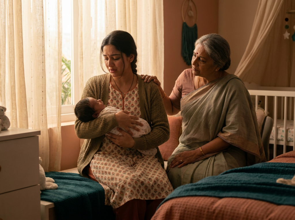 New mother holding her baby, supported by an older woman