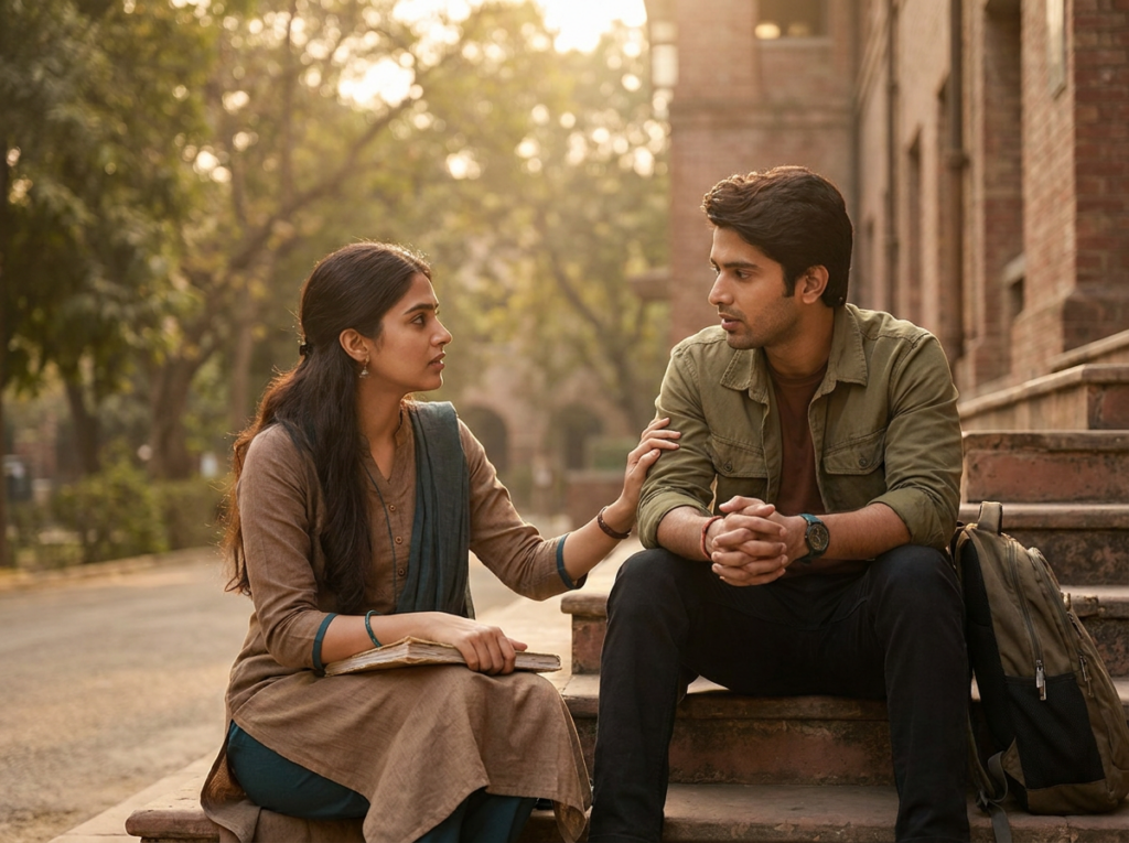 Two young adults having an open conversation about mental health