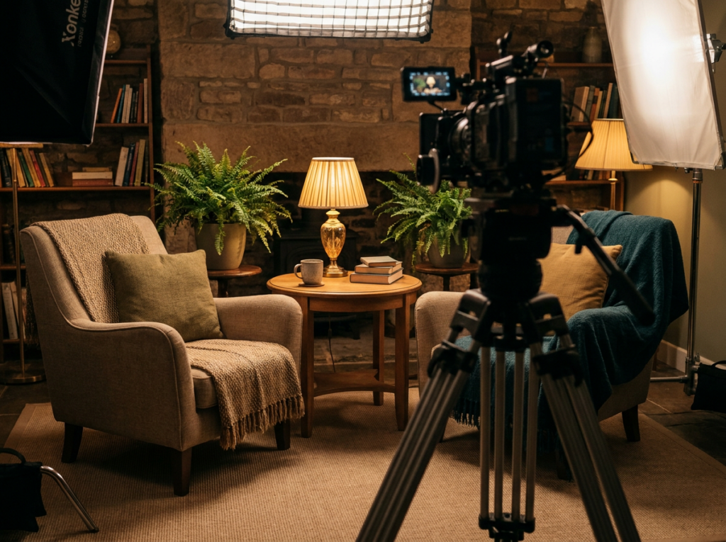 Two armchairs and a camera set up for a recorded therapy conversation