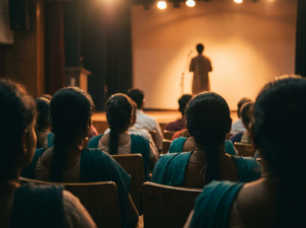Young audience listening to a speaker on a warmly lit stage