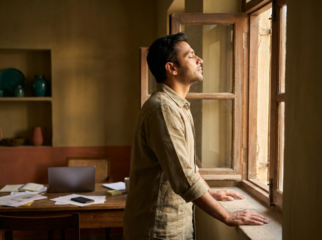 Man at an open window taking a deep breath to cool down