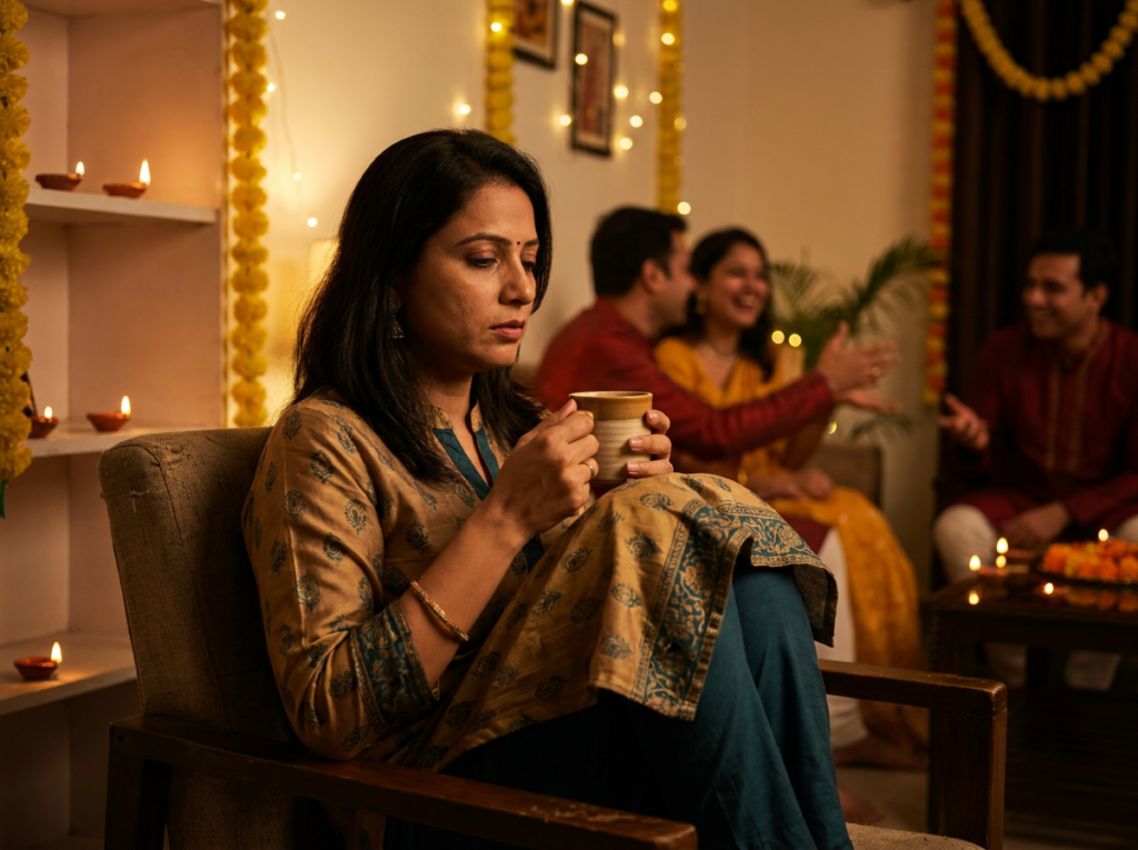 Woman taking a quiet moment during a festive family celebration