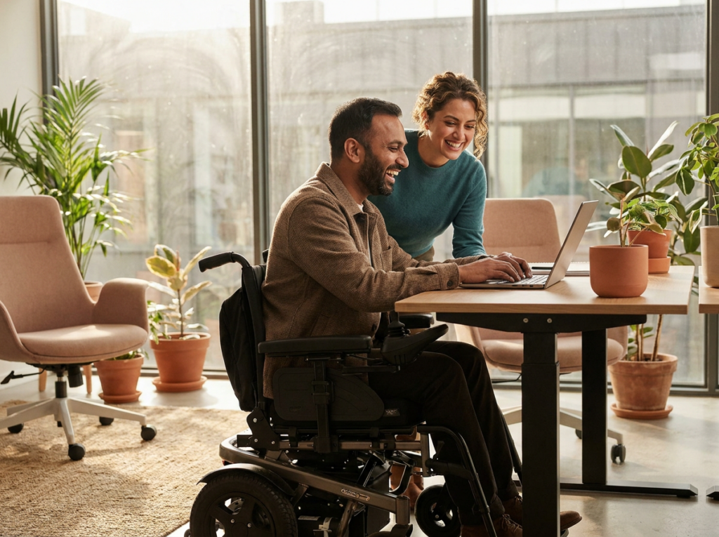 Man who uses a wheelchair working with a colleague in an inclusive office