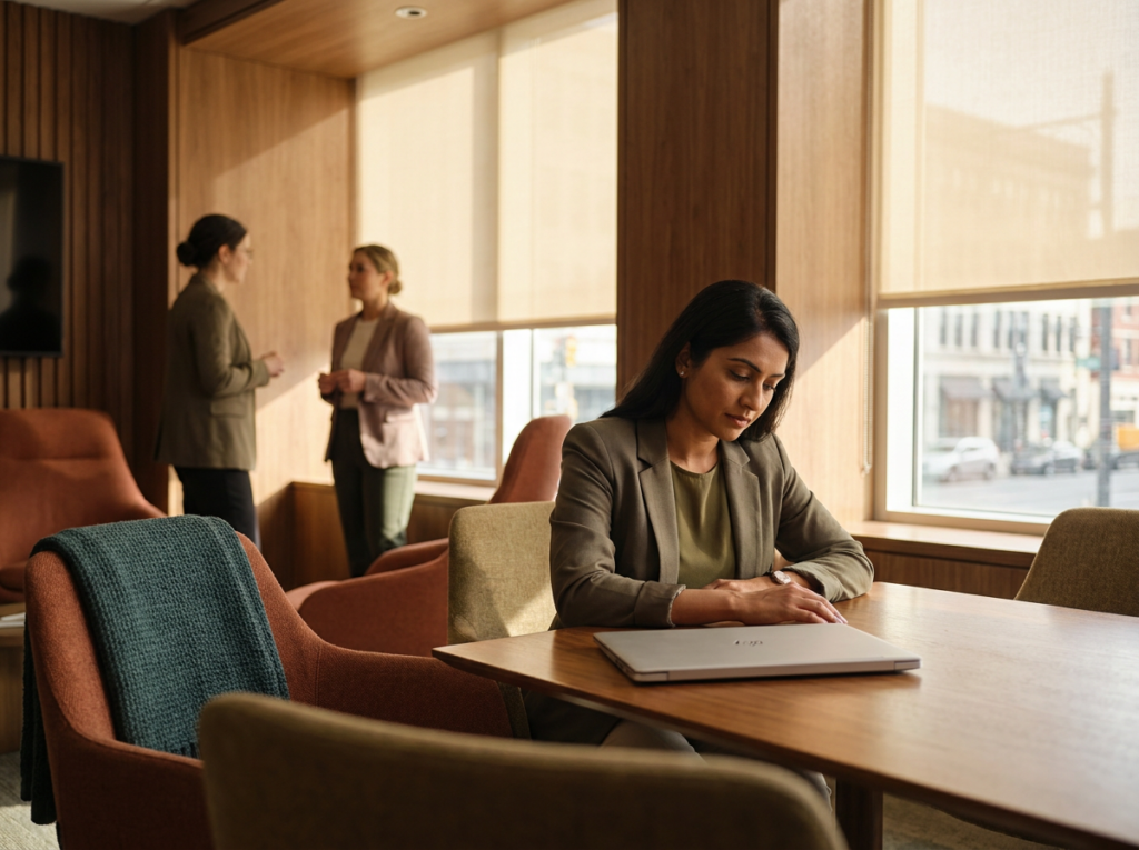 Professional woman at an office table with a hint of self-doubt