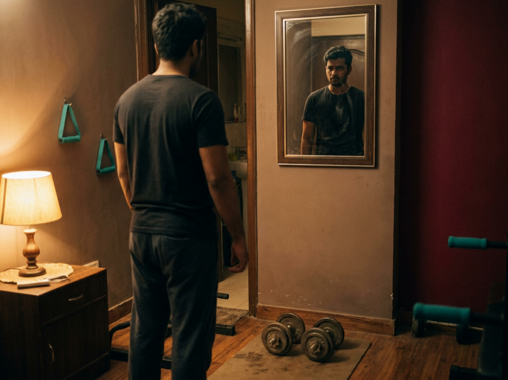 Young man looking critically at his reflection in a gym mirror