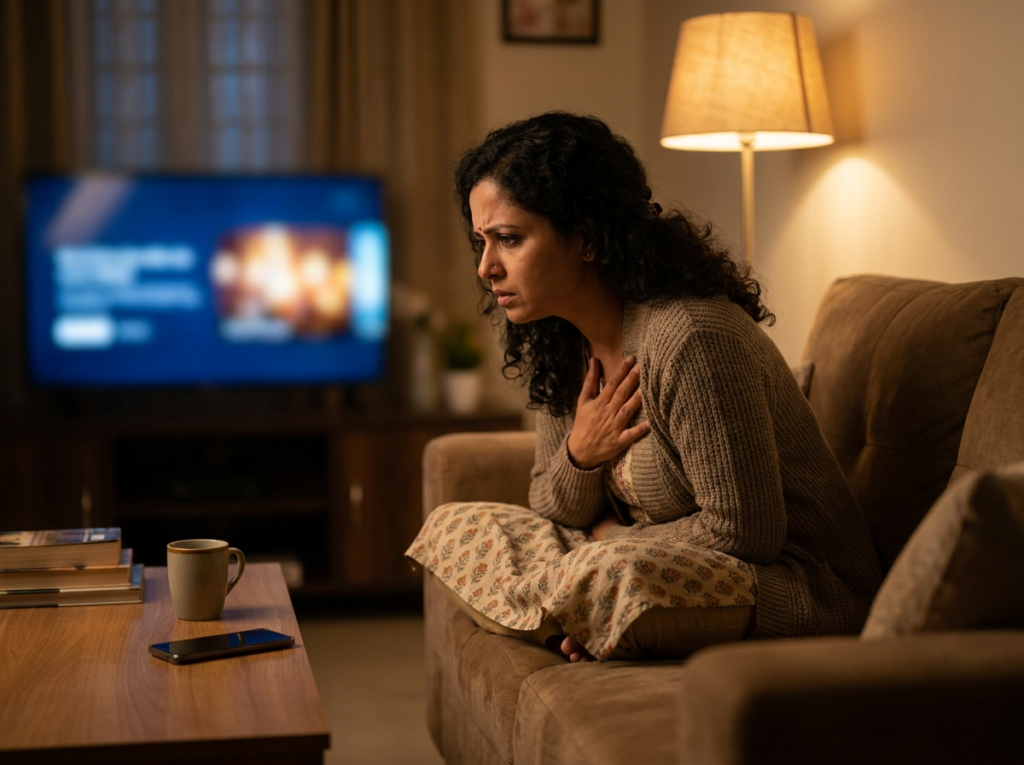 Woman watching distant news at night, looking worried