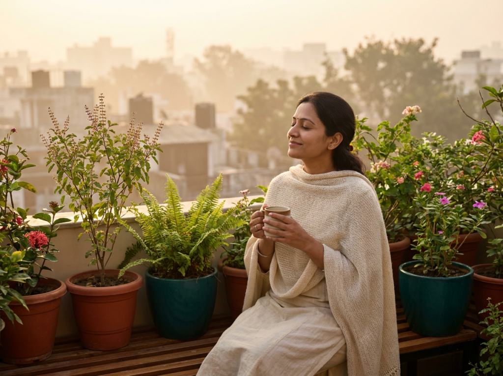 Woman on a terrace at sunrise with a cup of tea, at peace