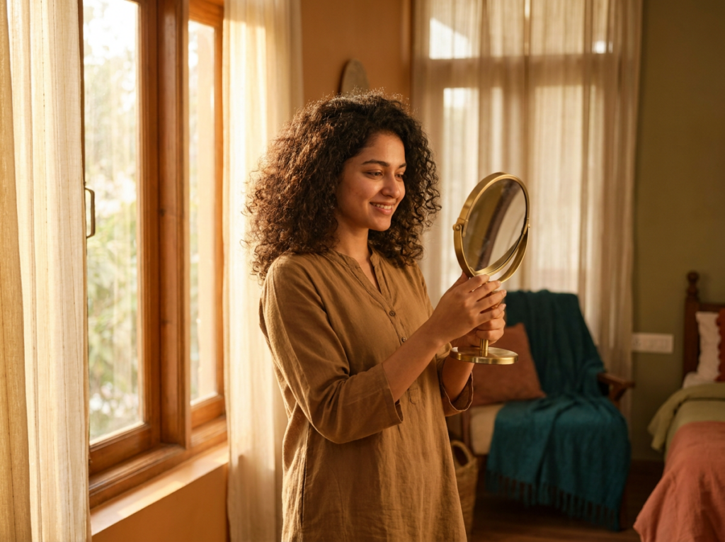 Woman smiling at her reflection, comfortable in her own skin