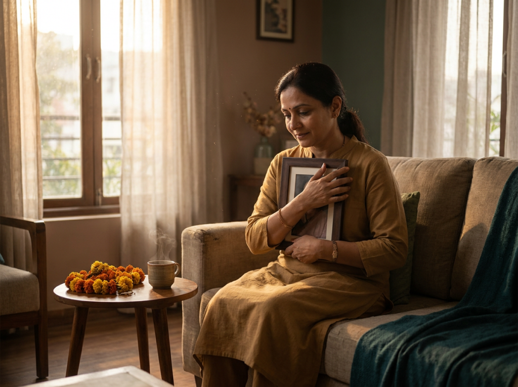 Woman holding a framed photograph close in quiet remembrance
