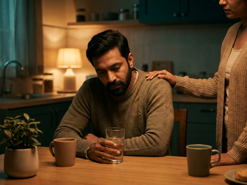 Man at a kitchen table at night with a supportive hand on his shoulder