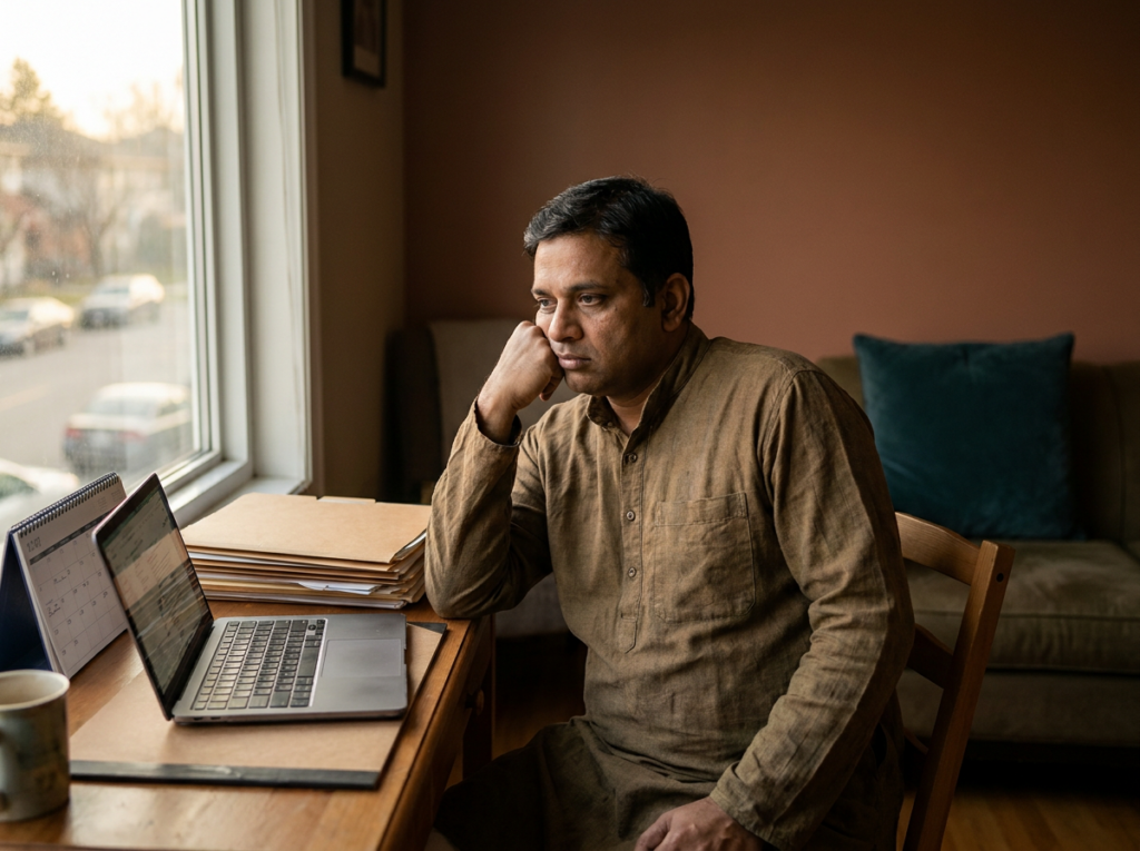 Man at his work desk staring out of the window, feeling demotivated
