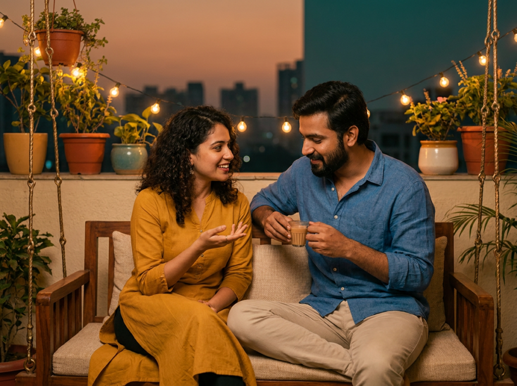 Two friends talking over chai on a balcony swing
