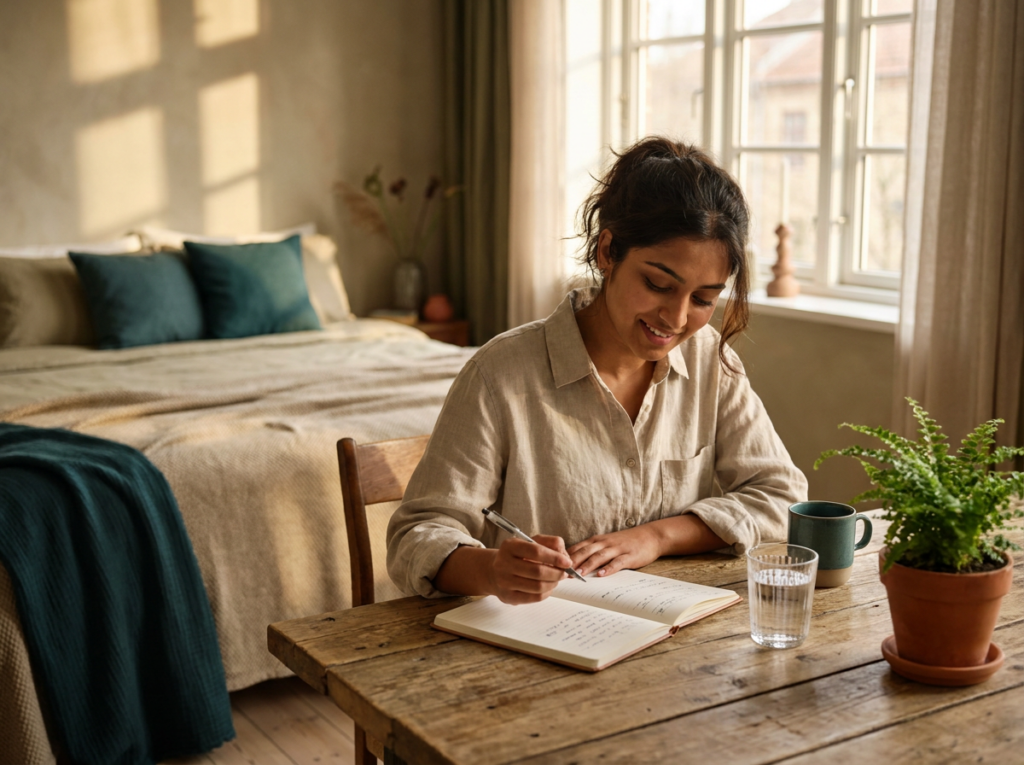 Woman planning her daily routine in a notebook at a sunlit table