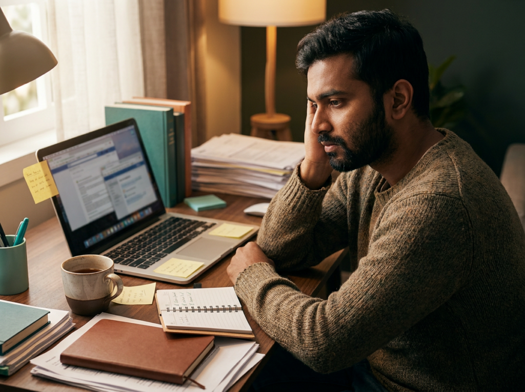 Man at a cluttered desk struggling to focus, a sign of adult ADHD