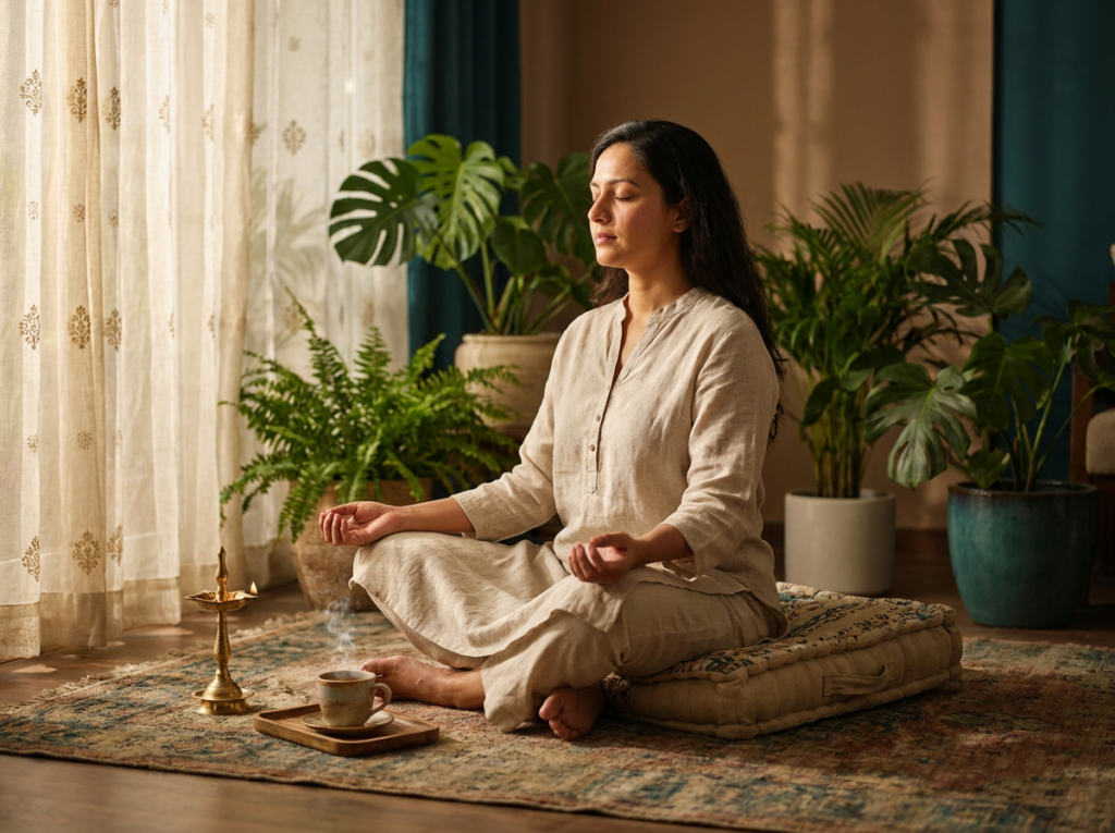 Woman practising mindful breathing in a calm, sunlit living room