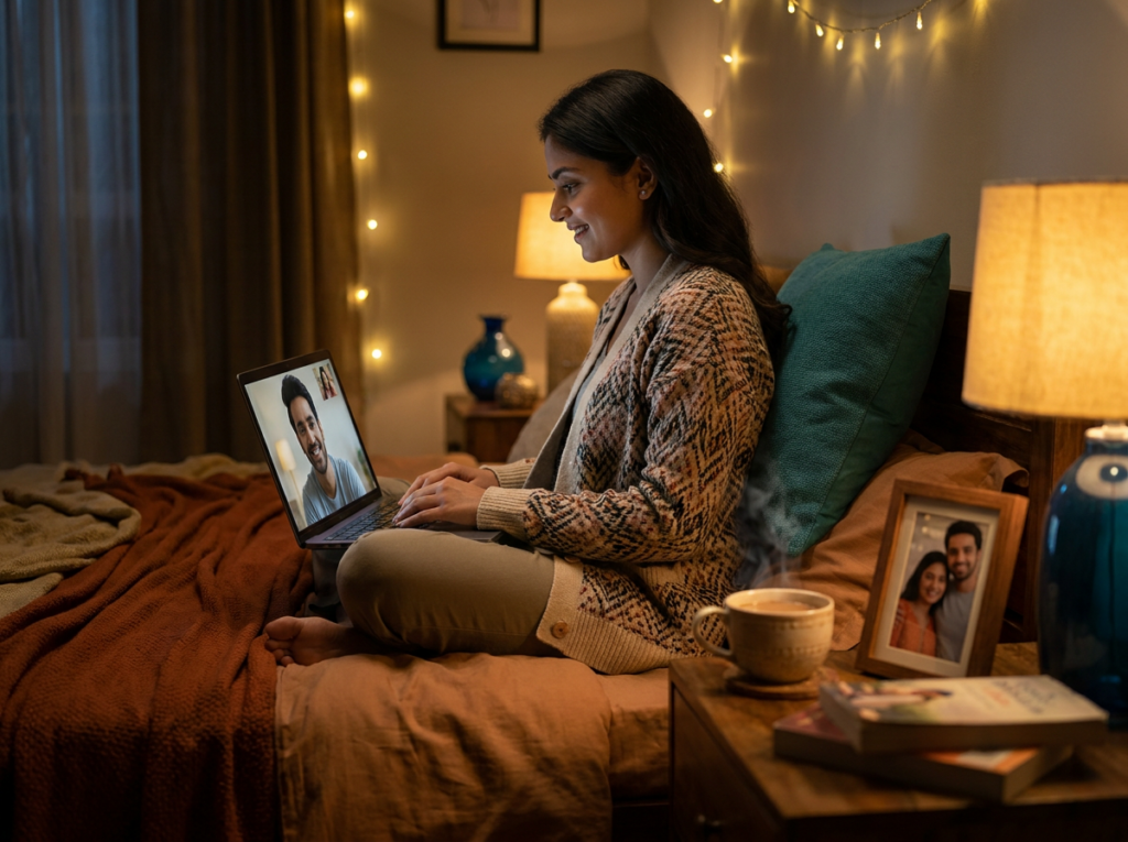 Woman on a video call with her partner in a long distance relationship