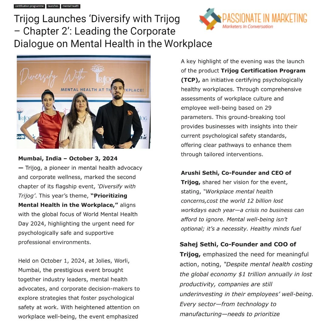 Press coverage of Diversify with Trijog Chapter 2 on workplace mental health