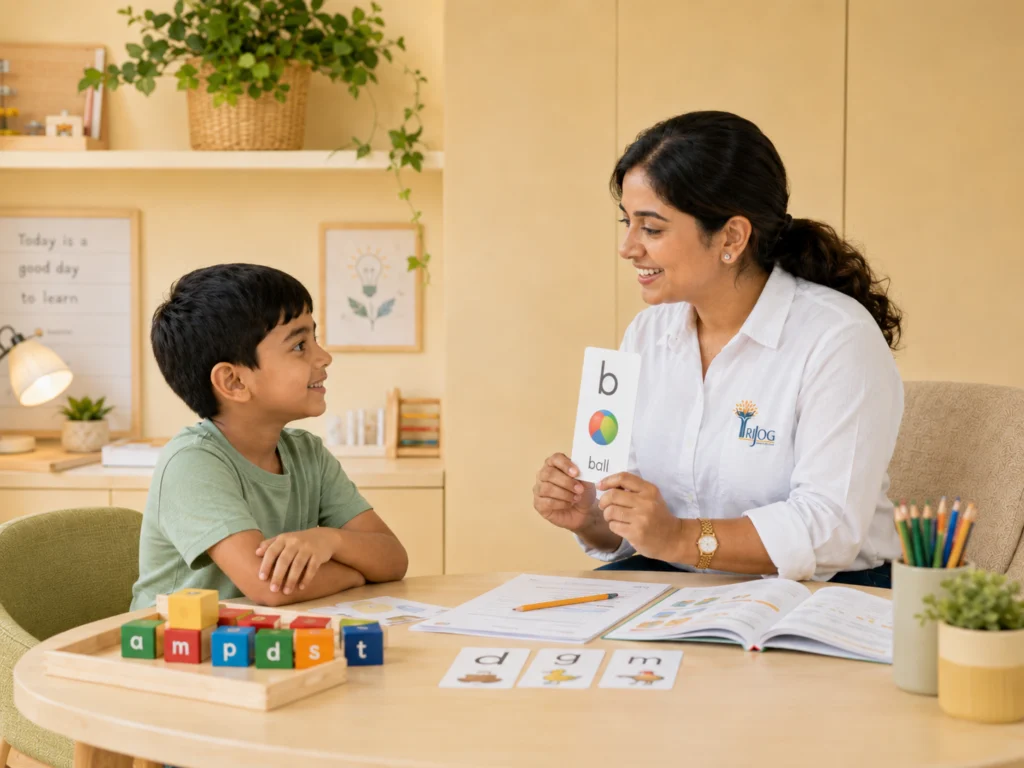A child and therapist working through letter and picture cards at a table