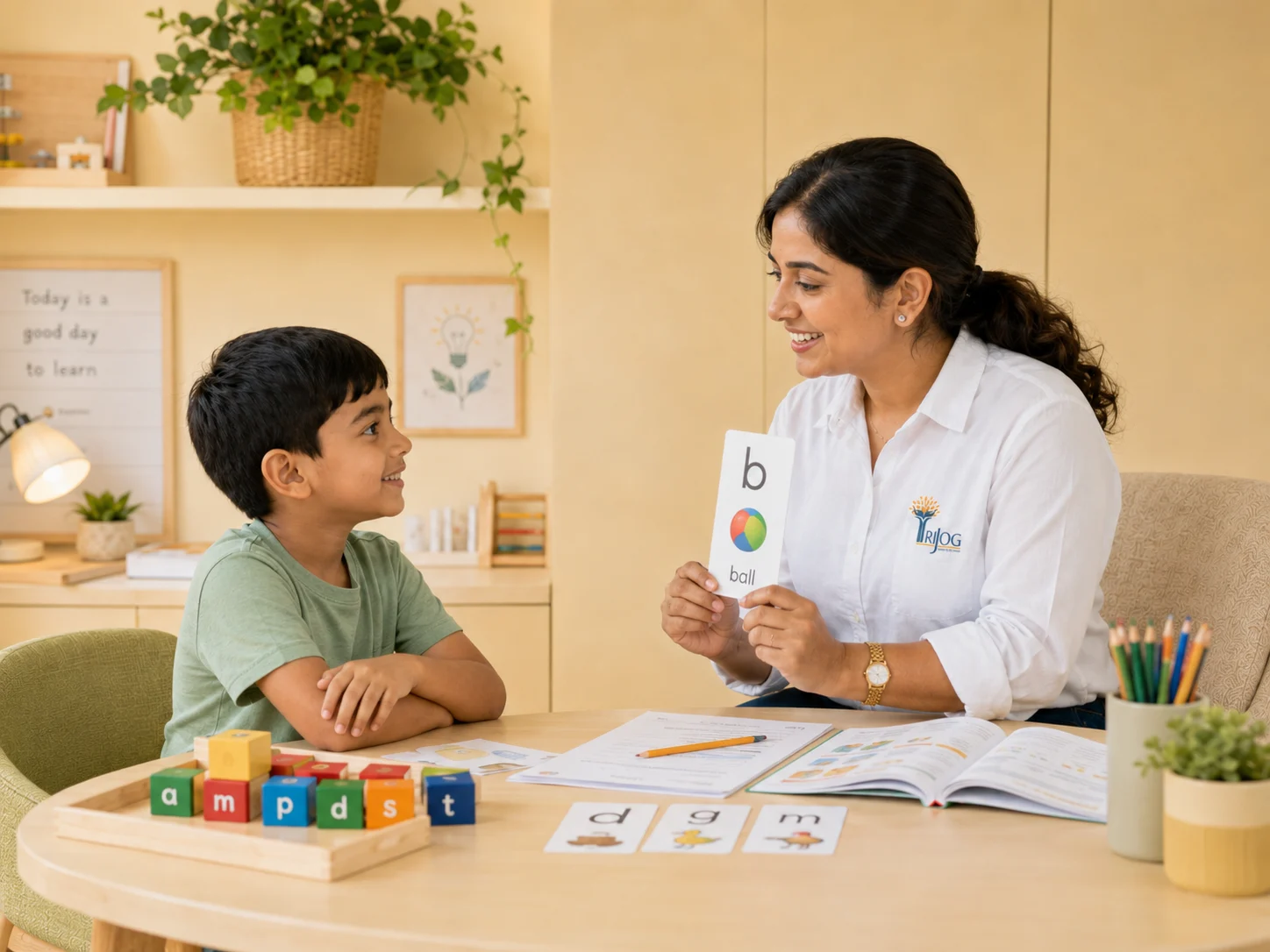A child and therapist working through letter and picture cards at a table