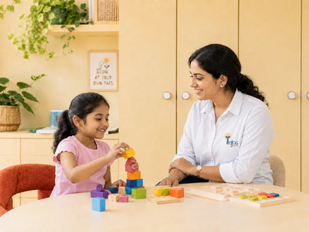 A therapist doing a building-block activity with a young child at a table