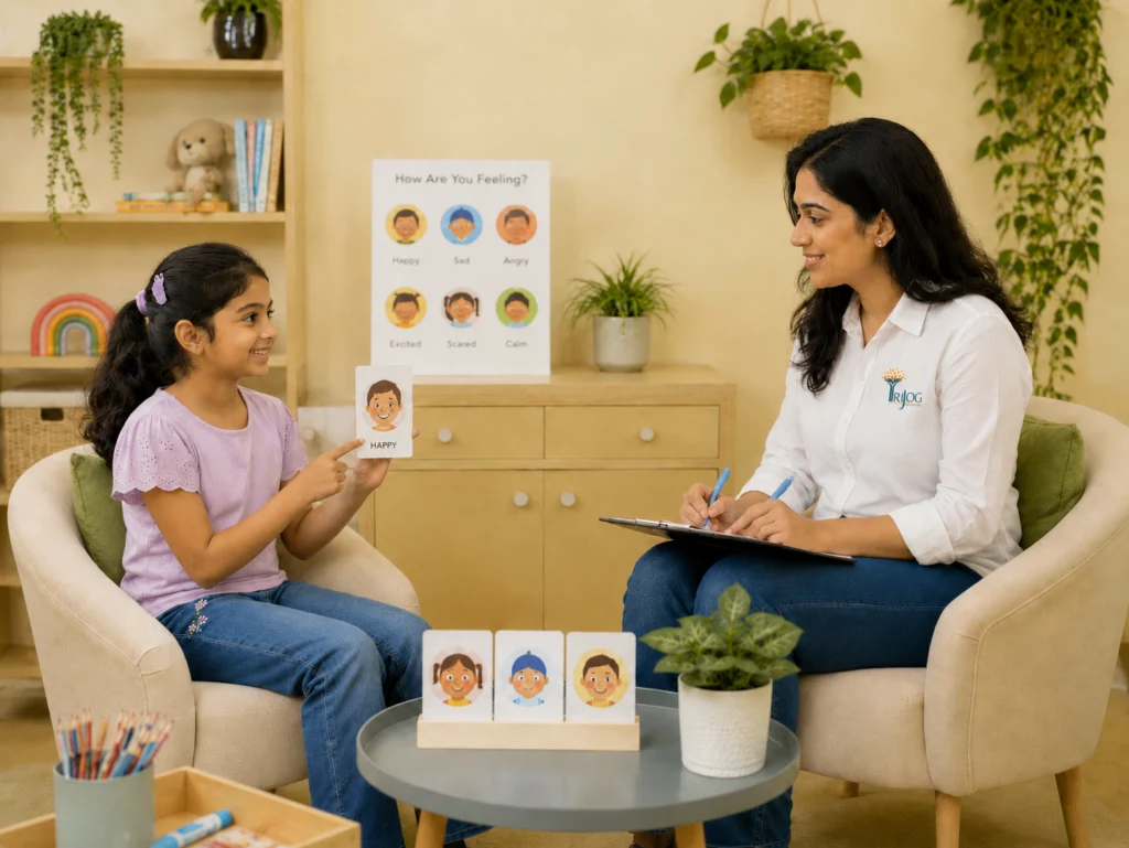 A girl choosing from emotion picture cards with a child psychologist