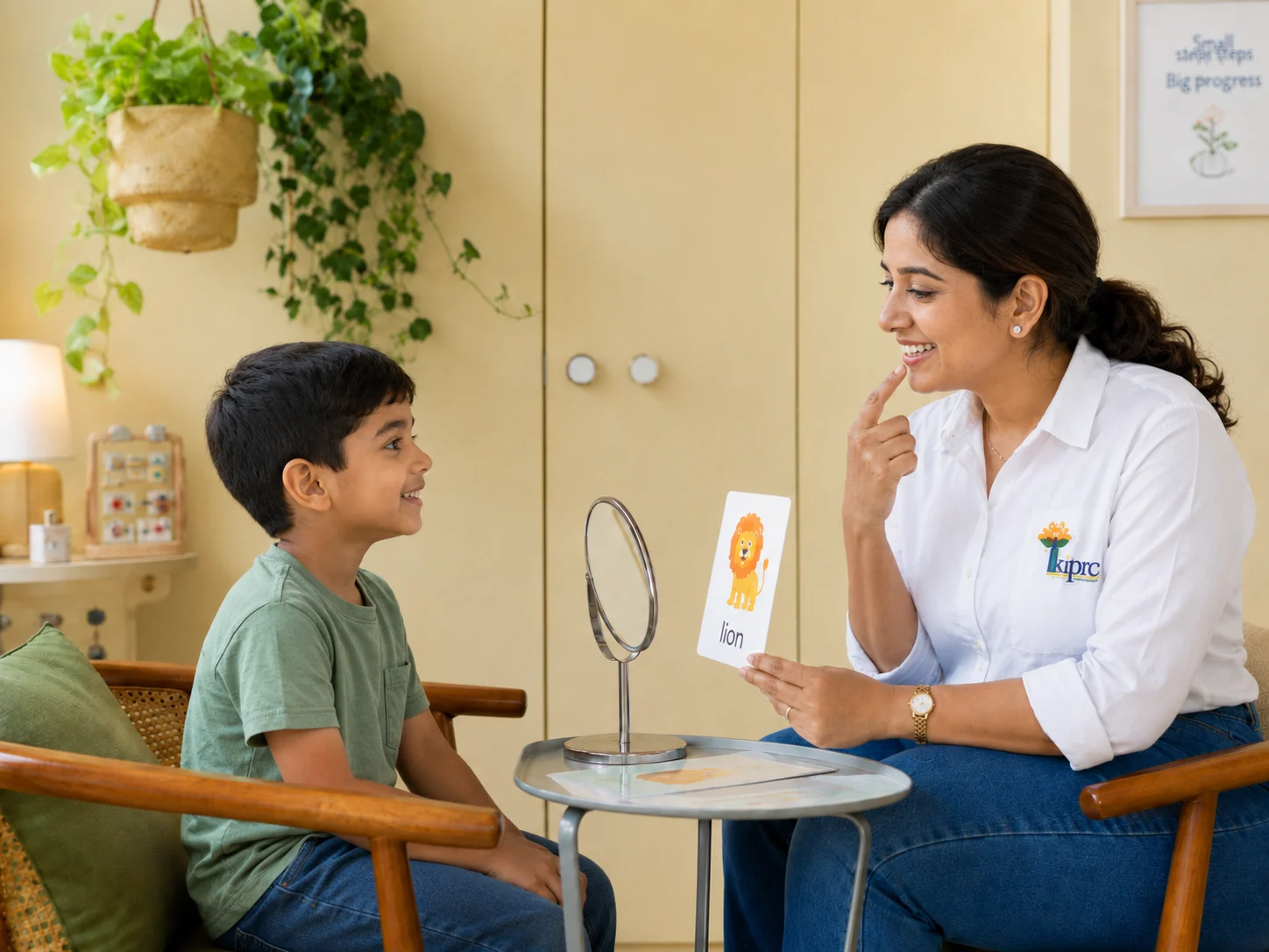 A speech therapy session with a boy using a mirror and a picture card