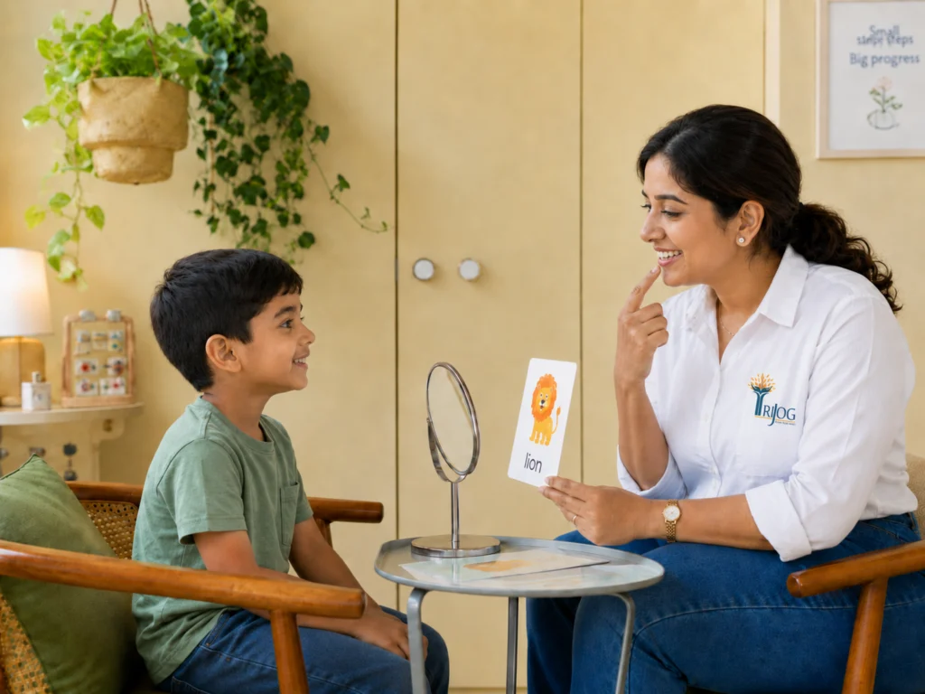 A young boy holding a picture card during a session with a therapist