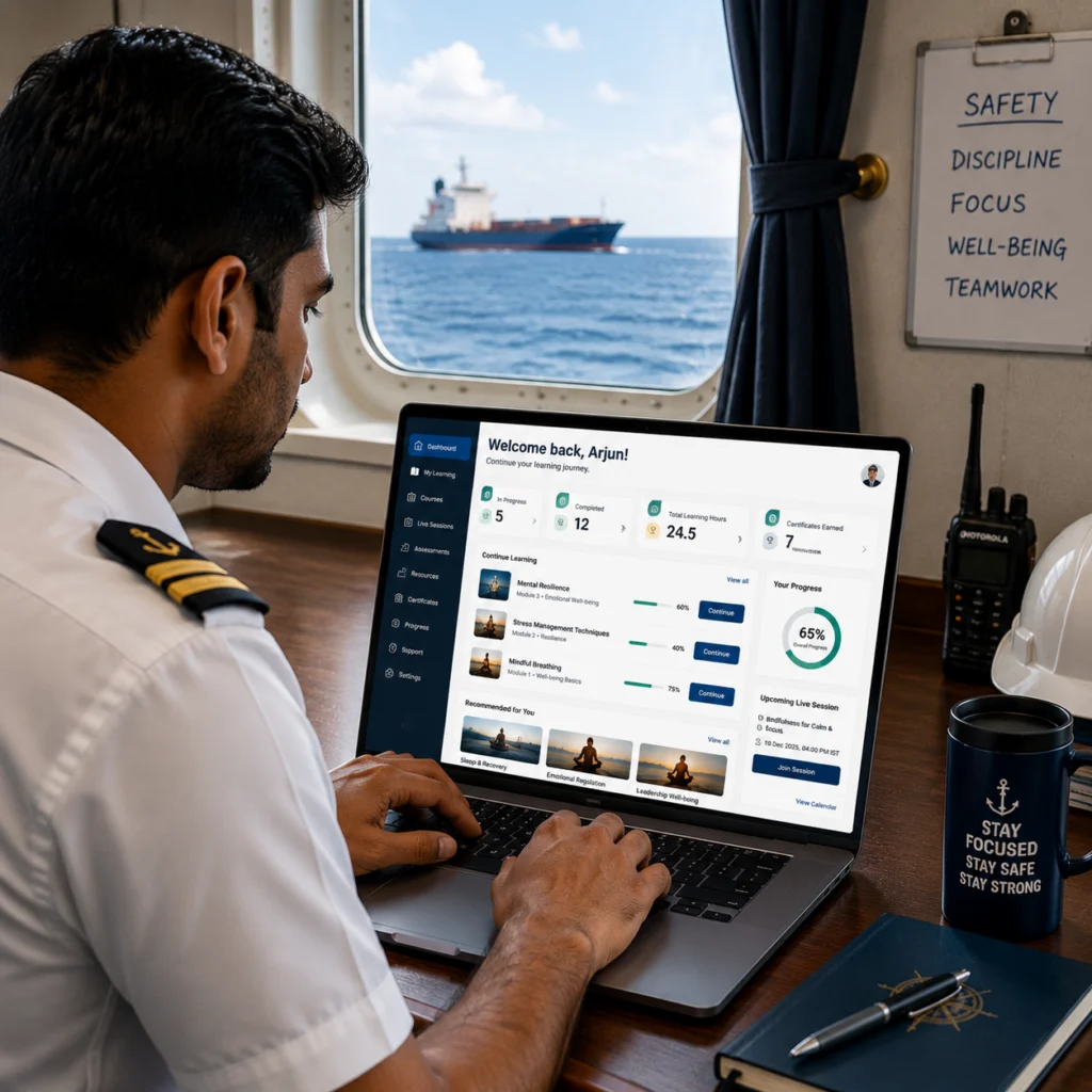 Seafarer using the Sagar Mein Yog wellbeing platform on a laptop at sea