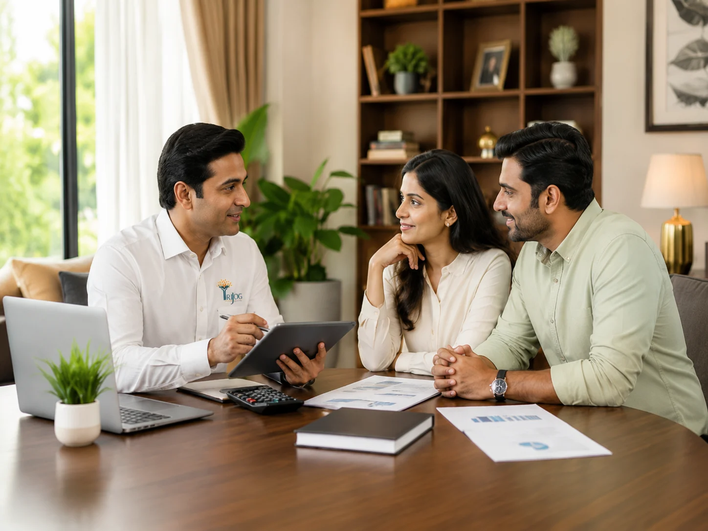 Two parents talking with a Trijog counsellor at a table