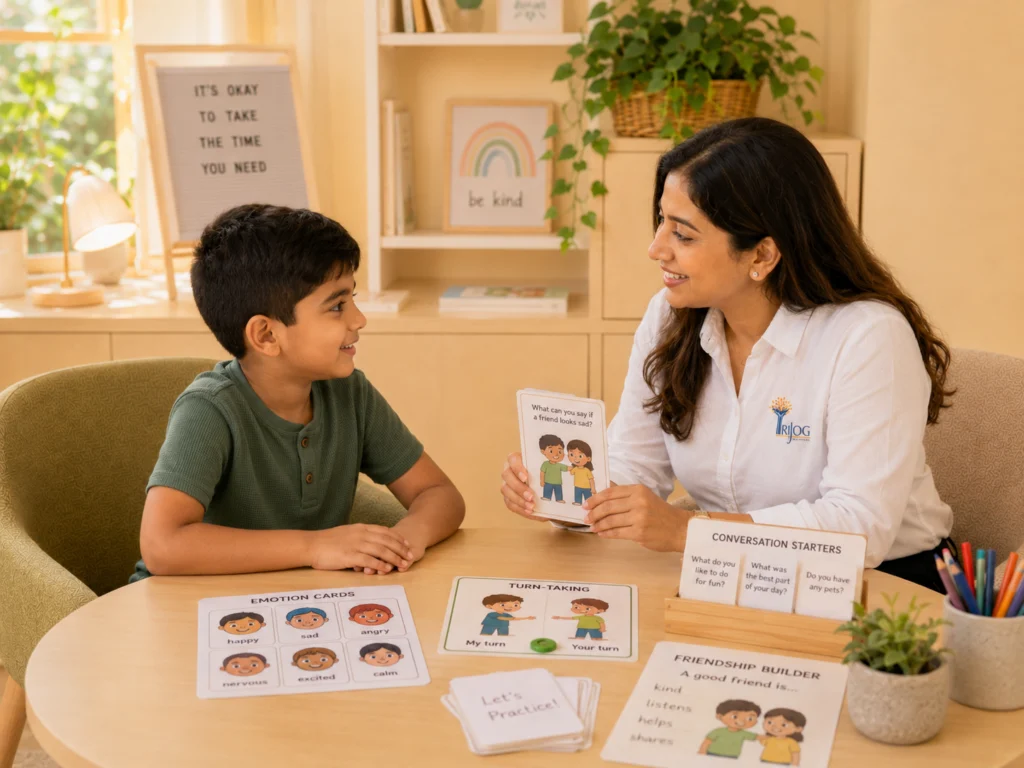 A therapist working through picture cards with a young boy at a low table