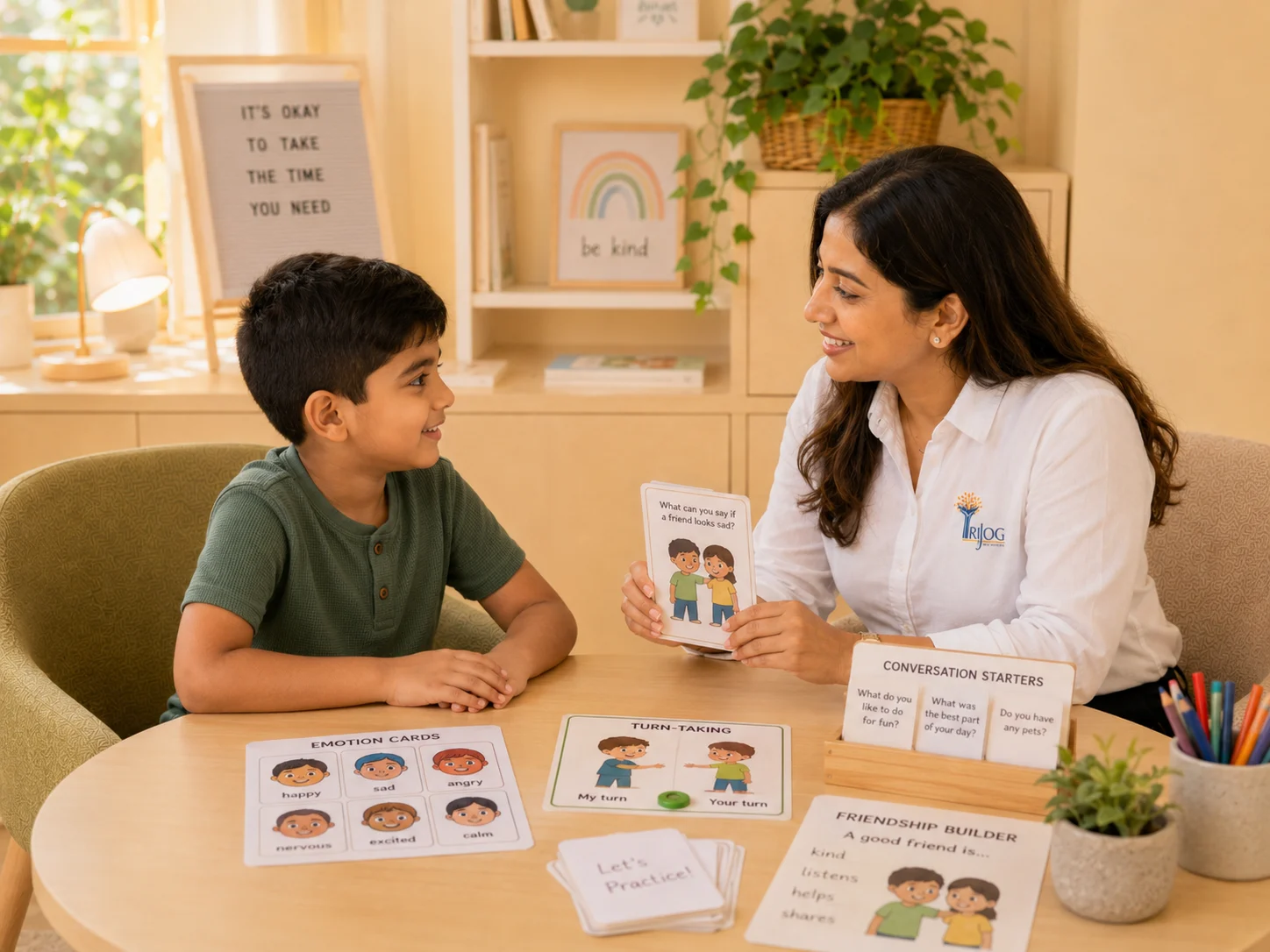 A therapist working through picture cards with a young boy at a low table
