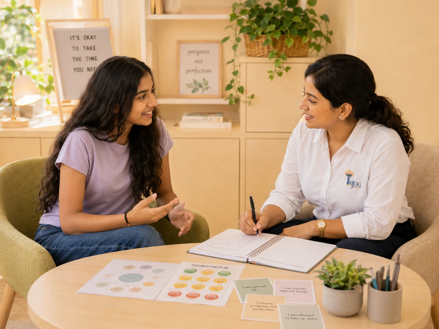 A teenage girl talking with a counsellor at a table
