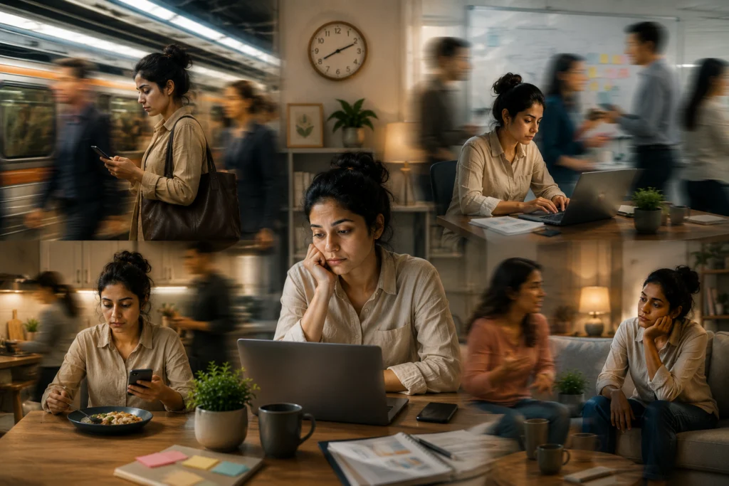 Busy cafe scene of people going through the day on autopilot