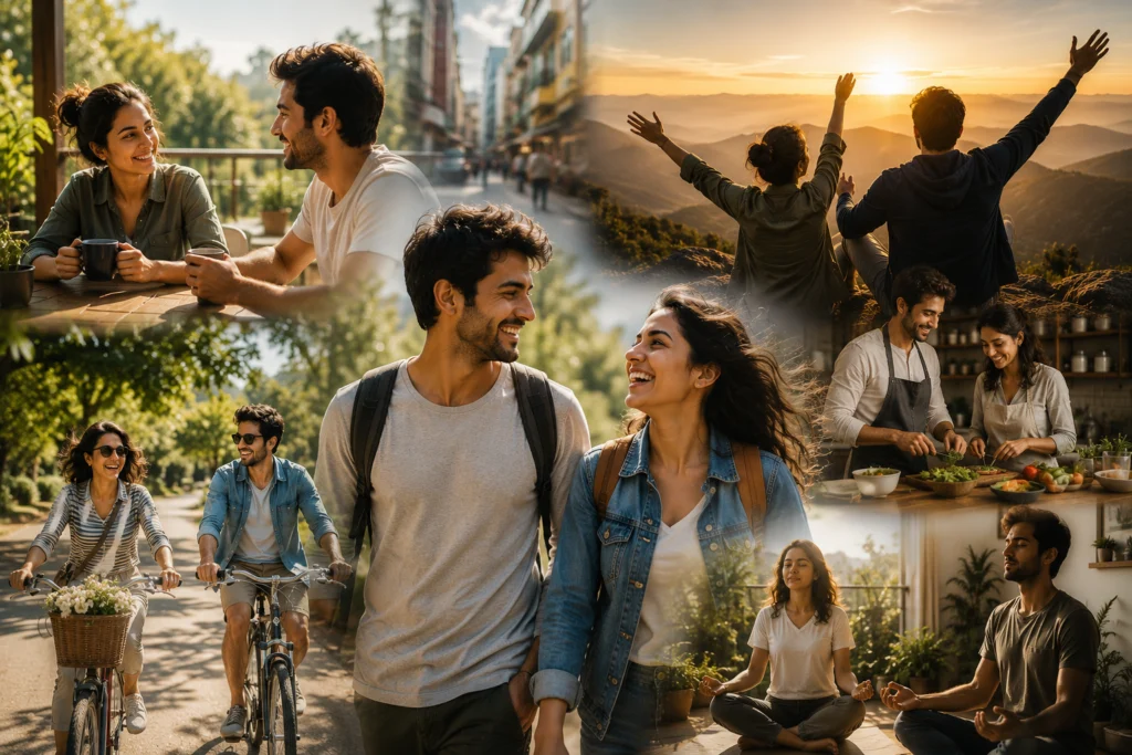 Friends enjoying life outdoors at sunset