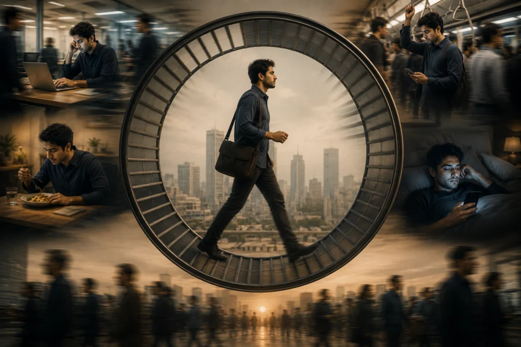 Man walking inside a giant wheel, a metaphor for living on autopilot