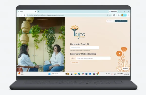 Trijog wellbeing platform login page on a laptop