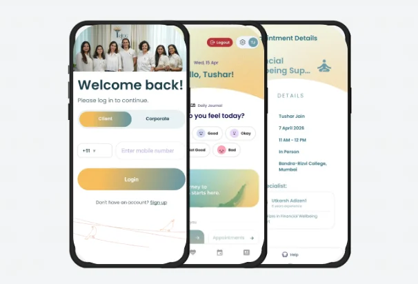 Trijog app login and check-in screens on mobile