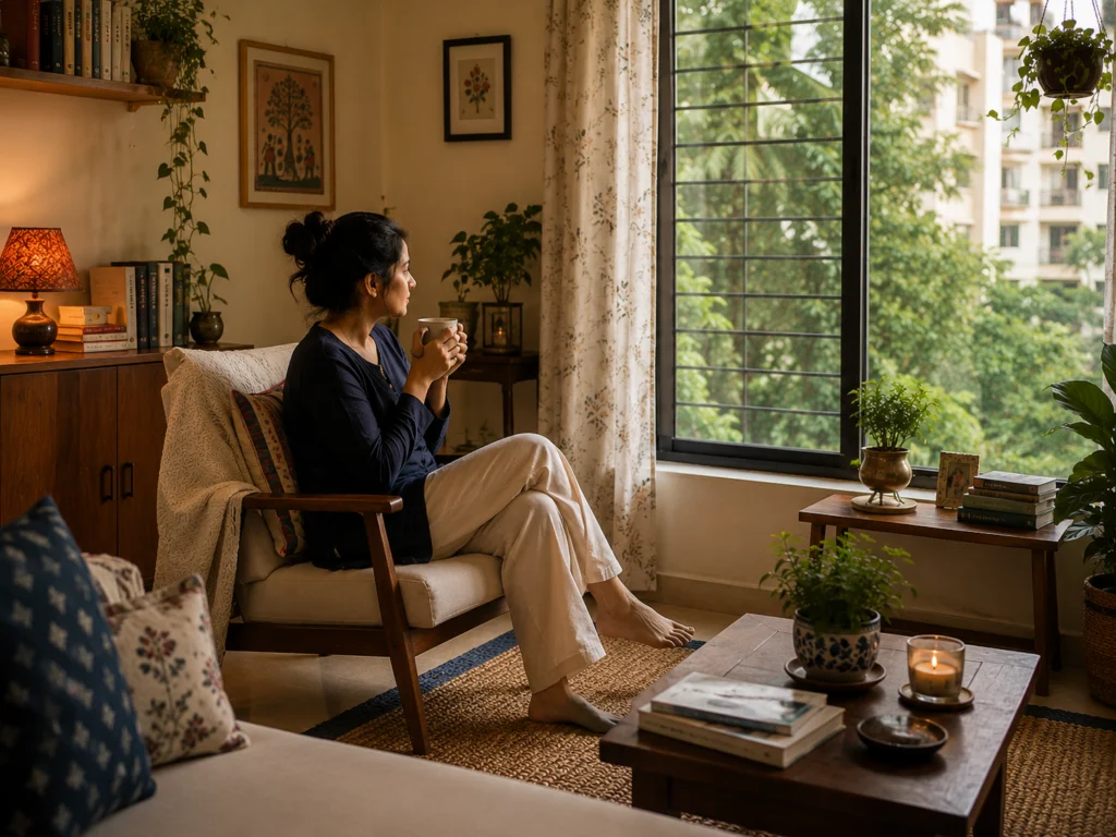 Woman relaxing with tea in a sunlit living room