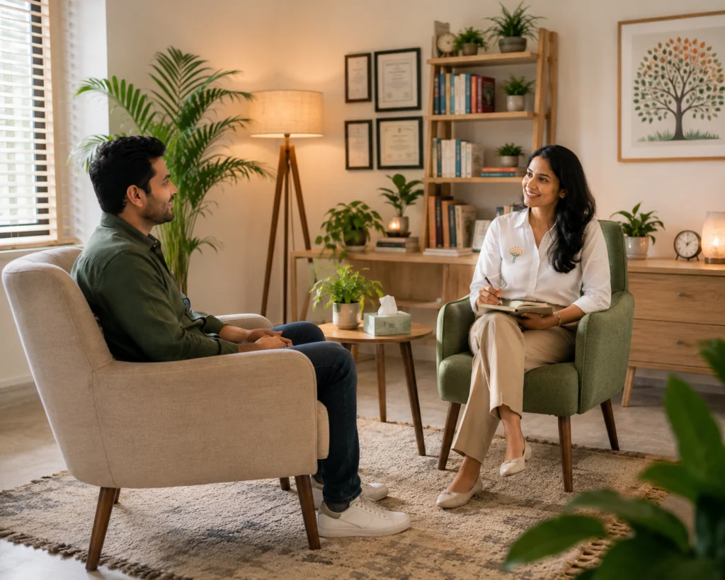 Therapy session in a calm, plant-filled room