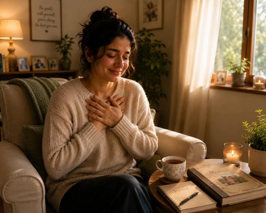 Woman with a hand on her heart, at ease with her emotions