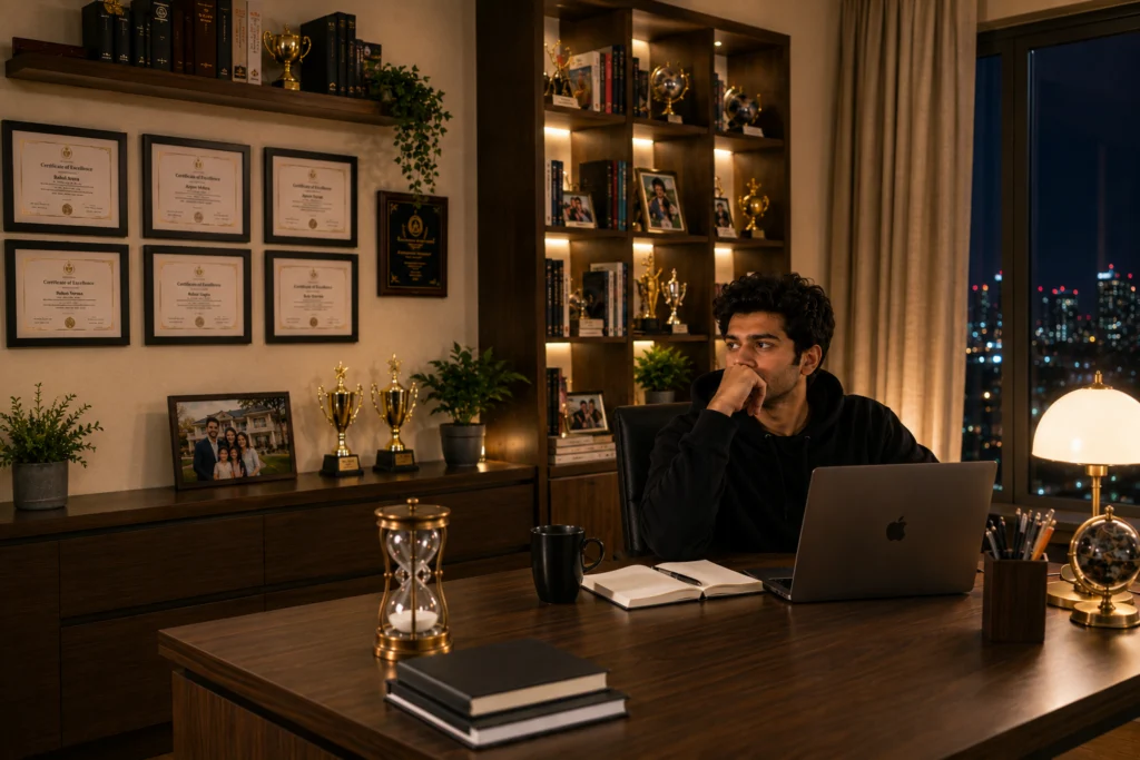 Man alone at his desk at night, feeling empty despite achievements
