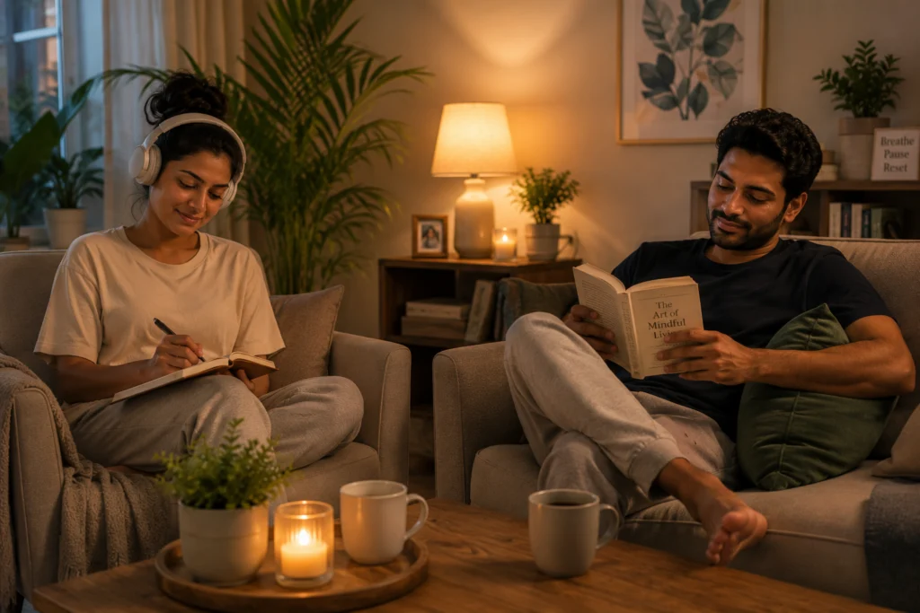 Couple resting and reading at home to recover from exhaustion