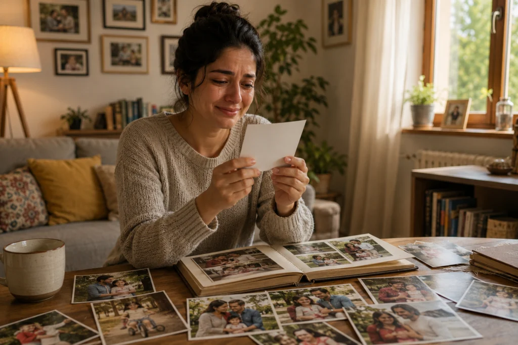 Woman crying while looking through old photos