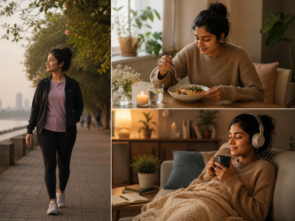 Small self-care moments: a walk, a meal, resting with music